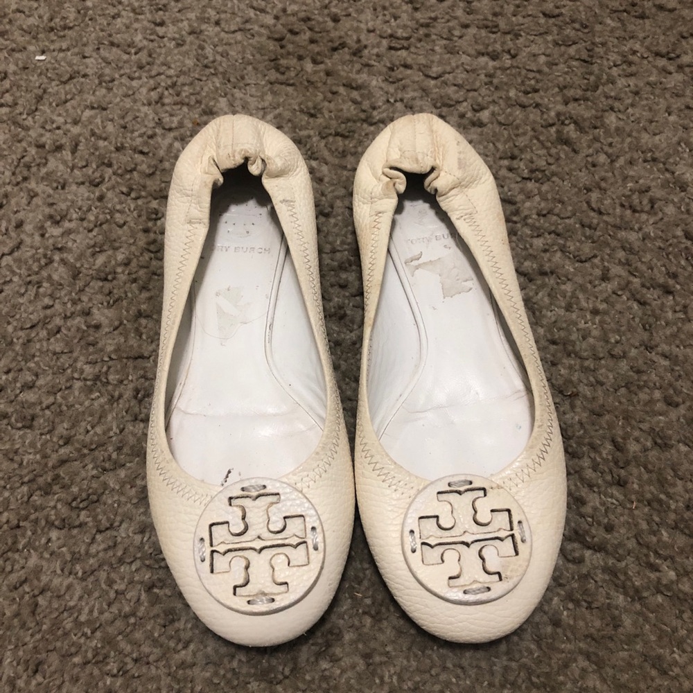 Tory Burch Ivory Leather Logo Ballet Flats Size 7
